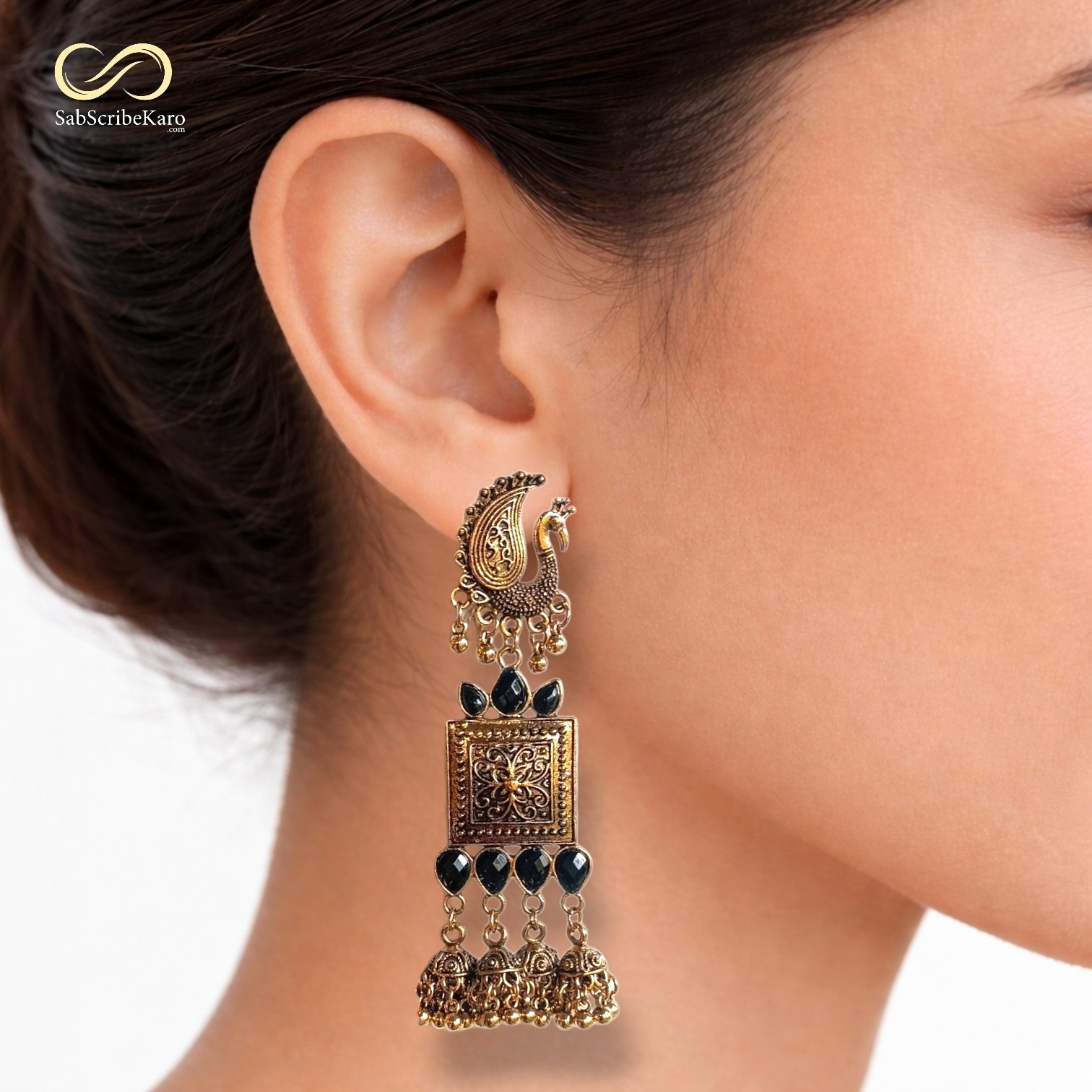 Royal Peacock Square Drop Jhumka - Image 2